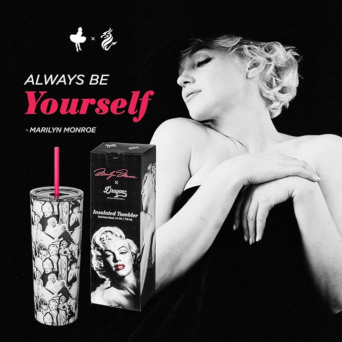 Dragon Glassware x Marilyn Monroe Vacuum Insulated Tumbler with Lid and Straw - 24 oz Tumbler Cup with 2 Straws - Stainless Steel Tumbler with Straw for Water, Iced Tea