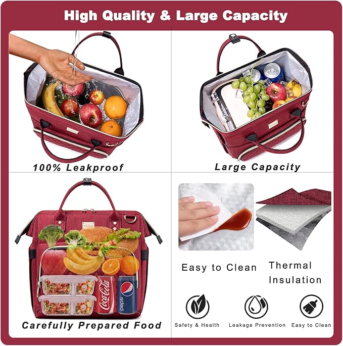 Weitars Women's Lunch Bag & Cooler Purse with Adjustable Strap & Pockets, Leakproof Lunch Box for Work, Picnic, Hiking, Beach