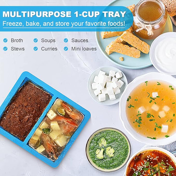 Walfos Extra-Large Silicone Freezing Tray with Lid, 1-Cup Freezer Tray for Storing and Freezing Broth, Sauce and Ice, 2 Pack
