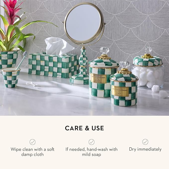 MACKENZIE-CHILDS Demi Enamel Canister, Kitchen Storage Container with Lid, Green-and-White Emerald Check