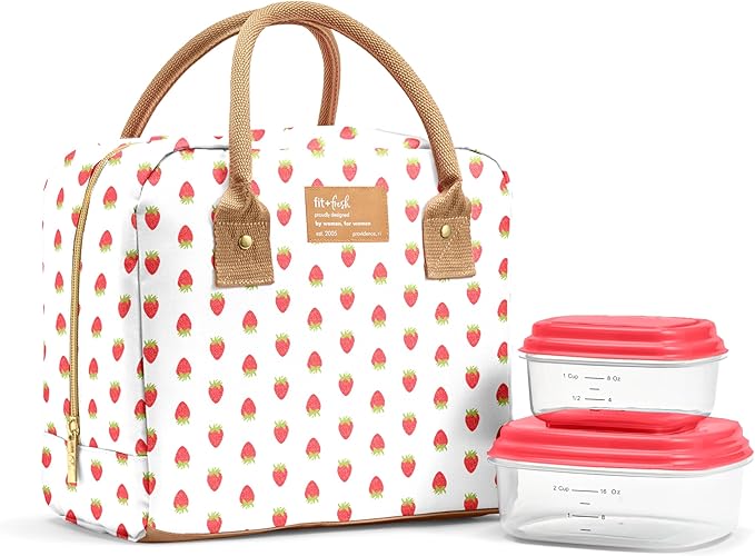 Fit & Fresh Bloomington Lunch Bag for Women - Insulated Large Lunch Box for Work with Containers, Leak-Resistant, Stain-Resistant, Zipper Closure, Strawberry