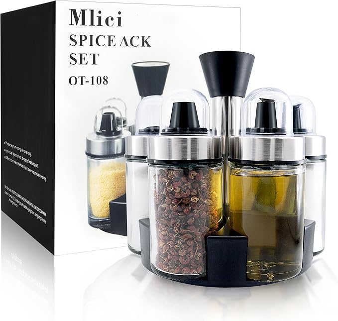 Mlici Oil and Vinegar Dispenser Set of 6 Bottles, Stainless Steel Salt Pepper Holder with 360° Rotating Holder, Cruet Soy Sauce - Premium Glass Condiment for Kitchen, Tabletop, Kitchen Containers