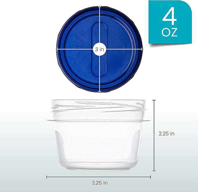 PLASTICPRO [4 oz 144 Pack] Twist Top Deli Containers Clear bottom With blue Top Twist on Lids Reusable, Stackable, Food Storage Freezer Container Pack of 144