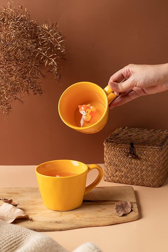 DIHOclub Fox Ceramic Cup Hidden 3D Animal Inside Mug,Cute Cartoon Handmade Figurine Mugs,Holiday and Birthday Gift for Coffee Milk Tea Lovers,12 OZ(Yellow)