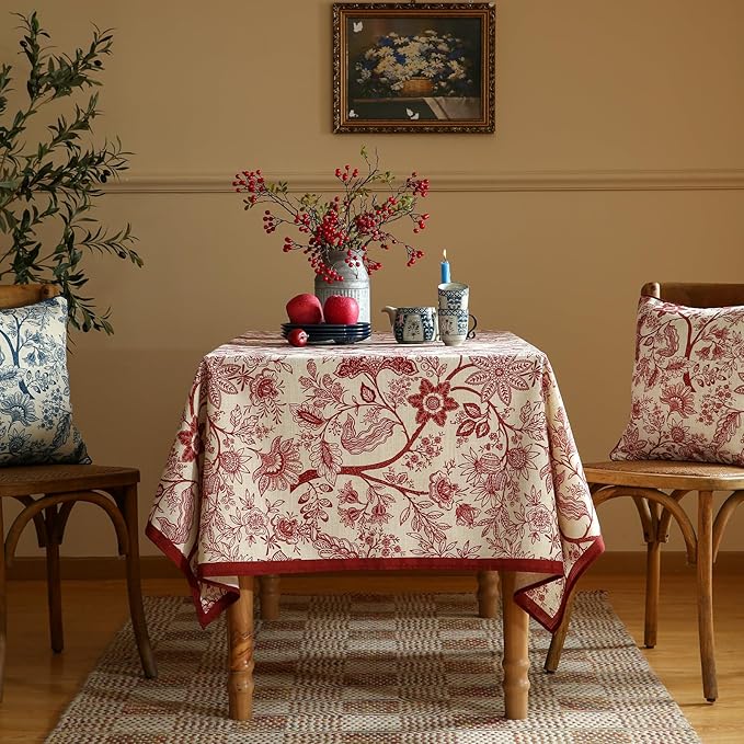 ISAENNE Designer French Linen Long Rectangle Tablecloth,Red Floral Washable Indoor Table Cloth,Durable Home Decor Tablecloths for Dining Thanksgiving Kitchen Party Christmas,63"*94"-Ruyi A