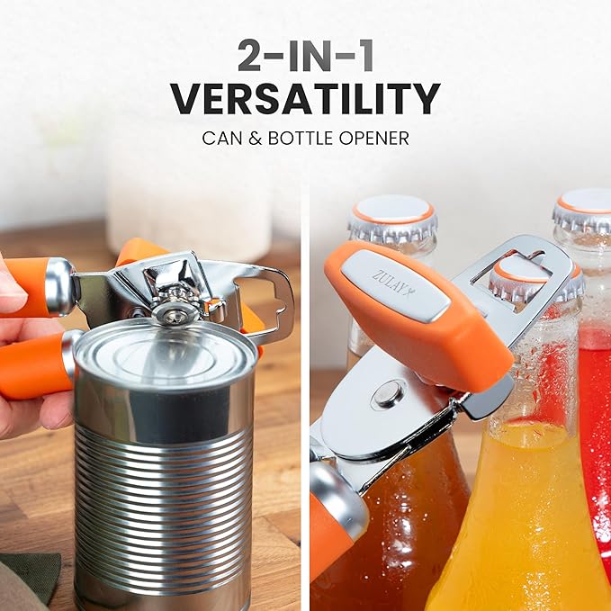 Zulay Kitchen Heavy Duty Stainless Steel Can Opener Manual with Bottle Opener - Rust Proof Manual Can Opener With Turn Knob & Comfy Soft Grip Handles - Orange