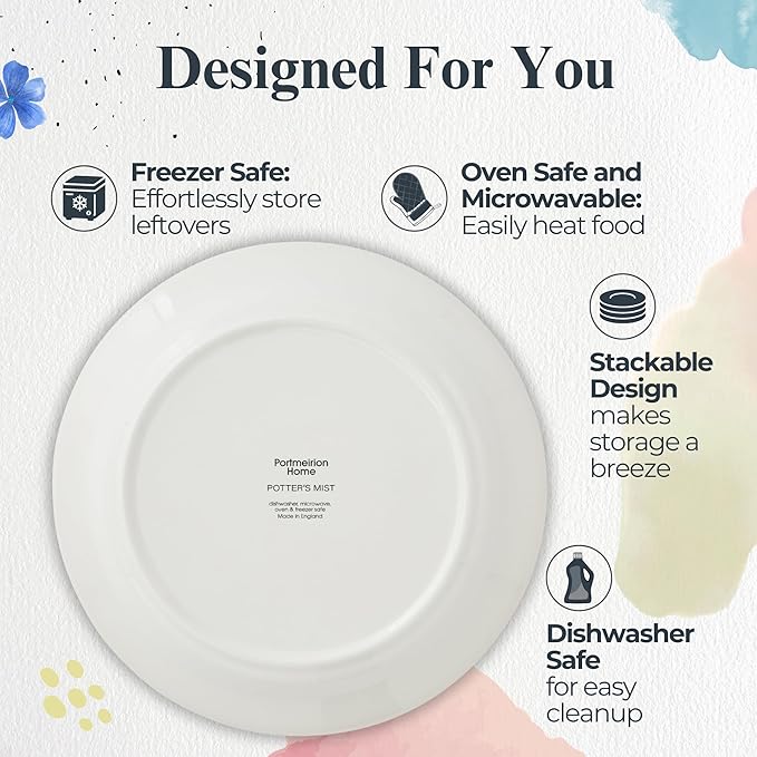 Portmeirion Potter's Mist Dinner Plate (Set of 4) - 10.5" Earthenware Plates with Classic Mist Rim - Microwave, Dishwasher, Freezer, Oven Safe - Ideal Modern Dinnerware Set (Grey Mist)
