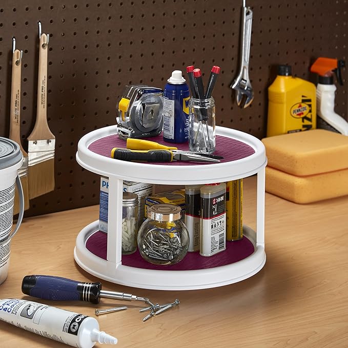 Copco Non-Skid 2 Tier Pantry Cabinet Lazy Susan Turntable, 12-Inch, White/Purple