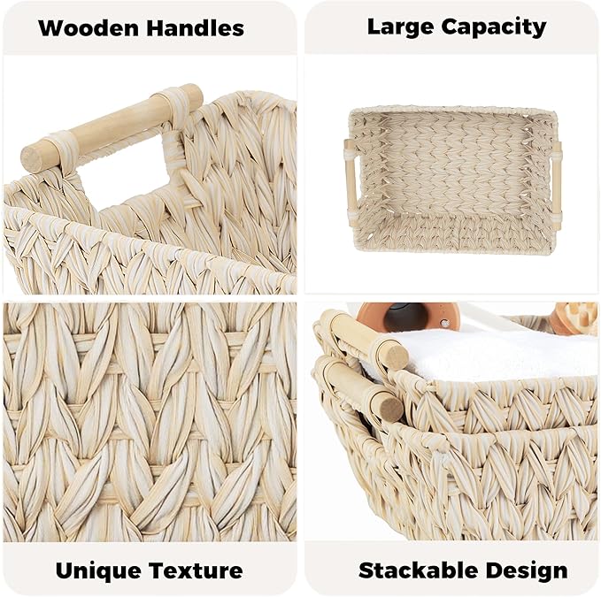 GRANNY SAYS 2-Pack Wicker Storage Baskets, Storage Baskets for Shelves, Trapezoid Wicker Baskets with Handles, Waterproof Woven Baskets for Organizing, Butter Milk