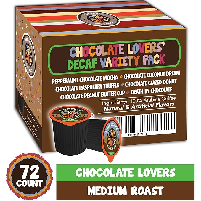 Crazy Cups Decaf Chocolate Coffee Pods Variety Pack, Chocolate Flavored Decaf Coffee For Keurig K Cup Machines, (Pack of 1, 24 Count Total)
