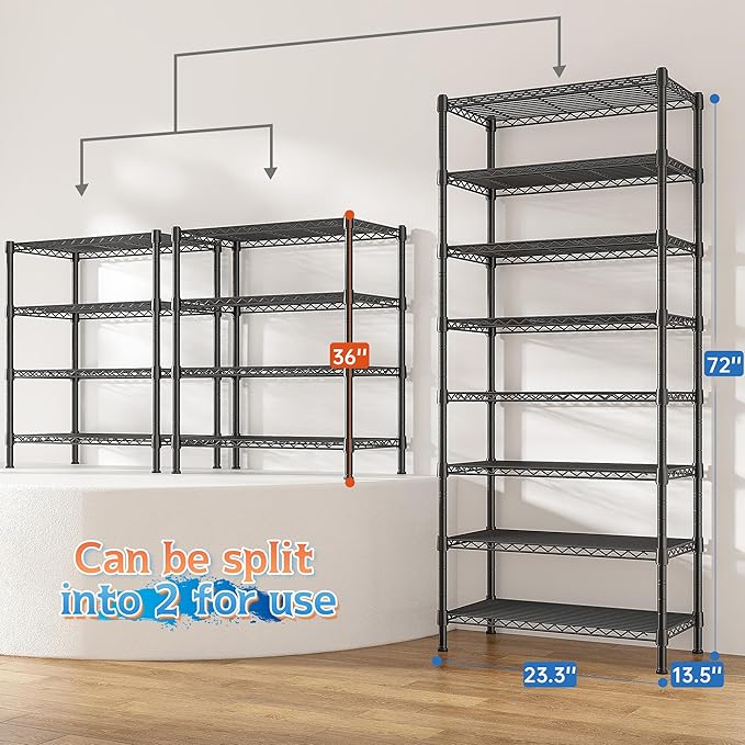 8 Tier Wire Shelving Rack Storage Shelves Loads1200LBS,Adjustable Metal Shelving Rack and Metal Shelves Pantry Shelves Commercial Wire Shelf for Closet Kitchen Office 72H X 13.8D X 23.6W