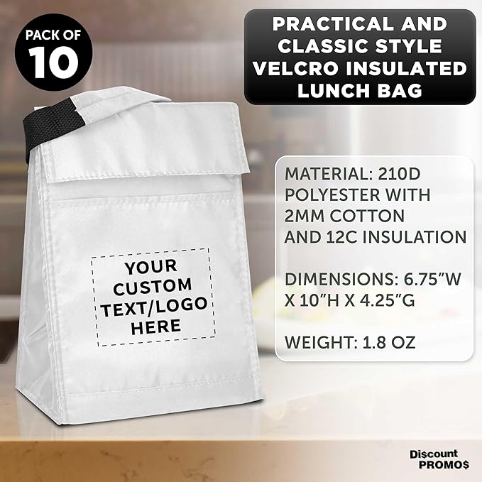 DISCOUNT PROMOS 10 Hook and Loop Insulated Lunch Bags Set - Customizable Text, Logo - Polyester, Durable, Vibrant, Reusable - White