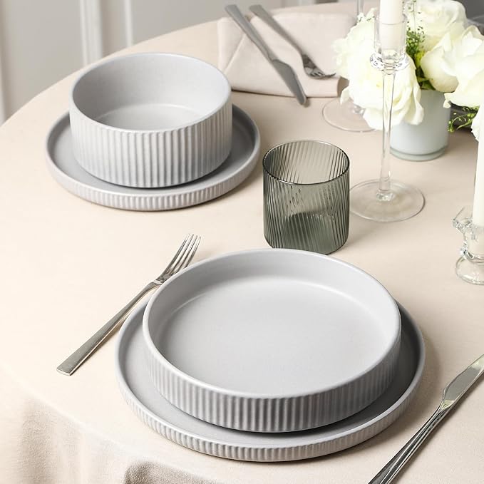 Stone Lain Haven Stoneware 16-Piece Dinnerware Set, Plates and Bowls Sets for 4, Grey Dish Set, Includes Dinner and Salad Plates, Cereal Bowls, Glassware, Microwave & Dishwasher Safe