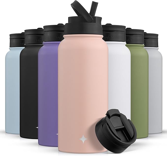 JoyJolt Triple Insulated Water Bottle with Straw Lid AND Flip Lid! 32oz, 12 Hour Hot/Cold Vacuum Insulated Stainless Steel Large Bottle. BPA-Free Leakproof Thermos Water Bottles