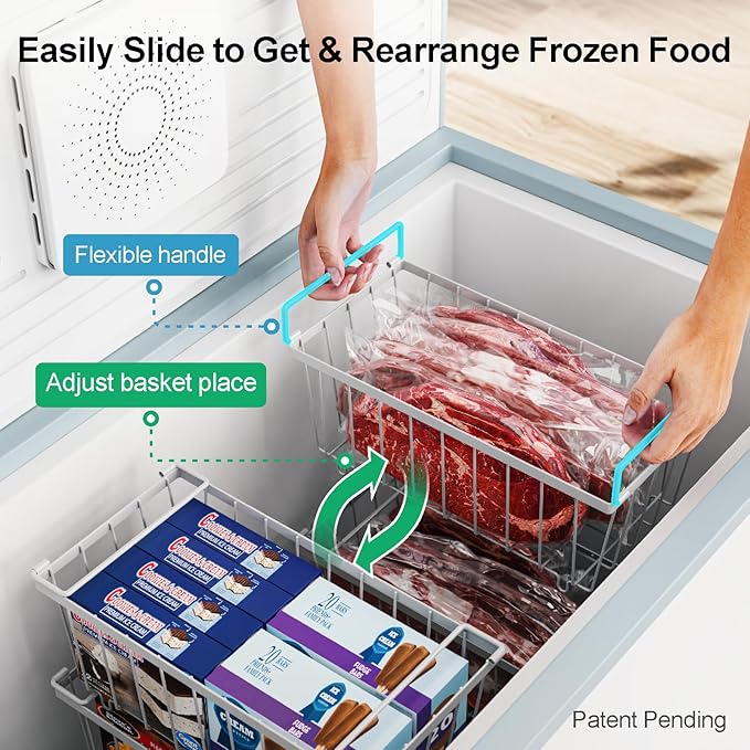 iSPECLE Freezer Organizer Bins - 6 Pack Small Stackable Deep Freezer Organizer Bins for 7 Cu.Ft Freezers Easy Get Bottom Foods without Digging, Chest Freezer Organizer Prevent Frozen Food Waste, White