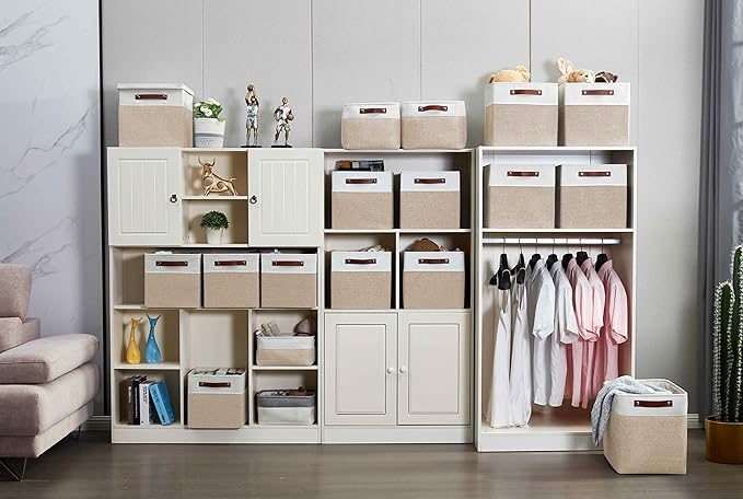 DECOMOMO Kallax Storage Cubes - 13x15x13 Storage Bins, Baskets for Organizing Shelves (Beige and White, 3-Pack)
