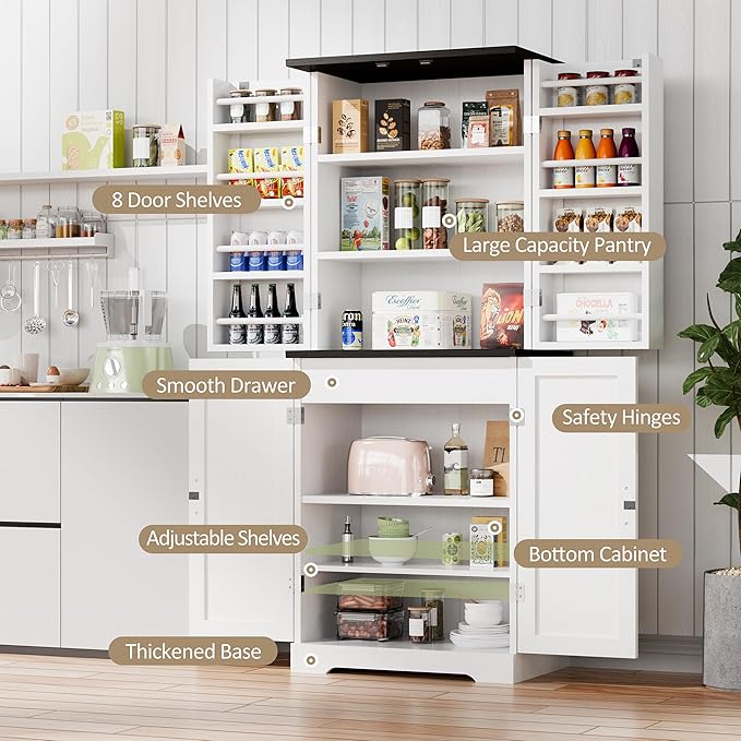 Vongrasig Kitchen Pantry Storage Cabinet with Barn Doors, Drawer and Adjustable Shelves, 6-Tier Tall Rustic Wood Cupboard Locker for Kitchen, Dining Room, Living Room, Bathroom, (White)