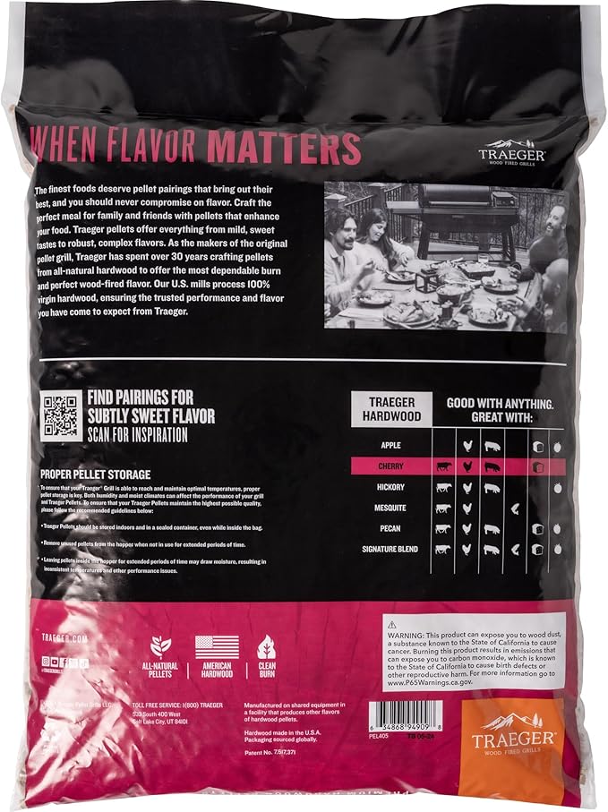 Traeger Grills Cherry 100% All-Natural Wood Pellets for Smokers and Pellet Grills, BBQ, Bake, Roast, 18 lb. Bag (Pack of 3)