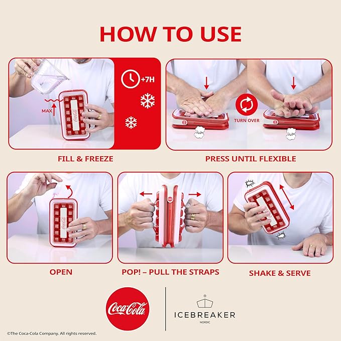 ICEBREAKER Nordic POP Ice Cube Tray With Lid and Coca-Cola® Design - NO SPILL Ice Cube Trays For Freezer - NO TOUCH Trays For Freezer With Lid - Make And Serve 18 Ice Cube Without Touching the Ice