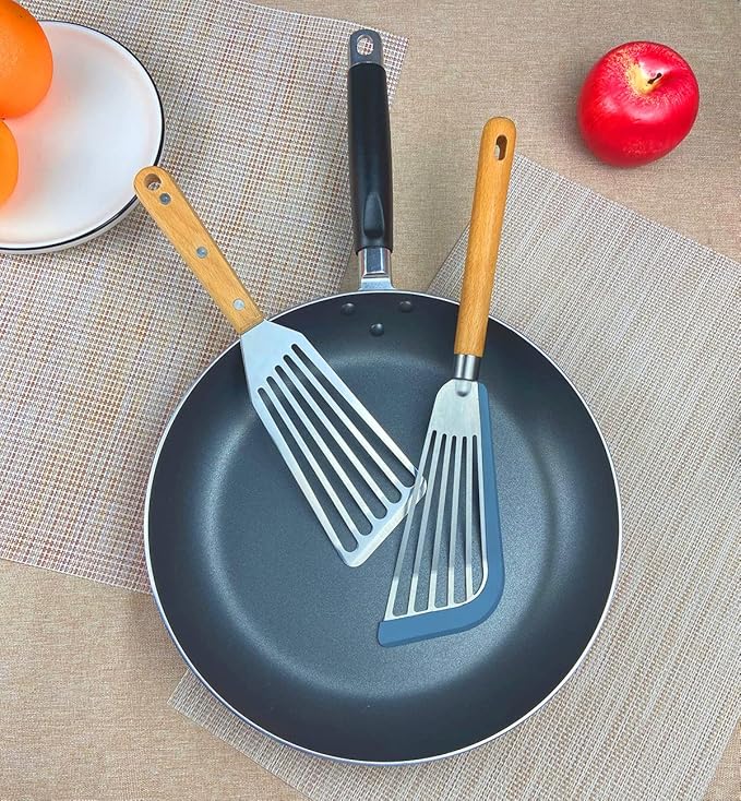 Fish Spatula Set for Nonstick Cookware Flexible Metal Fish Spatula Stainless Steel Small Fish Slotted Spatula Turner with Wood Handle