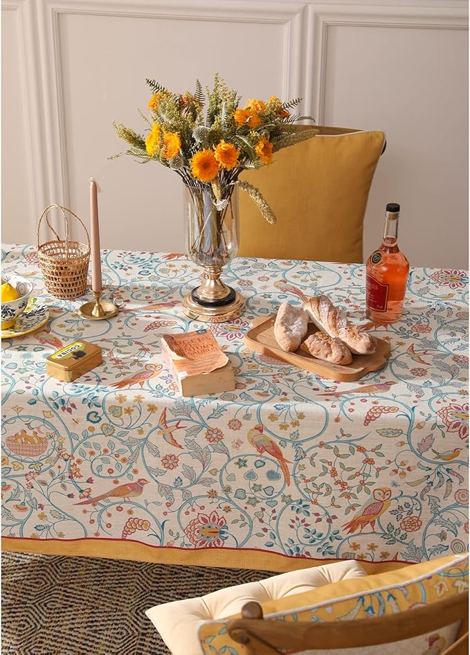 patdrea Designer Vintage Small Square Table Cloth,Yellow Linen Floral Birds Pattern Colorful Tablecloths,Decorative Table Cover for Kitchen Dining Banquet,Christmas,Thanksgiving,55"x55"-Magnolia