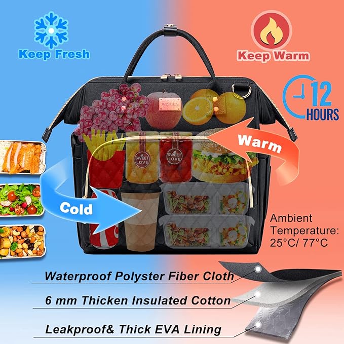 Weitars Lunch Bag for Women Cute Lunch Bag For Work,Insulated Lunch Box Cooler Bag Leakproof Wide-Open Lonchera Lunchbag Lunch Tote With Pockets And Adjustable Strap For Office Picnic Beach