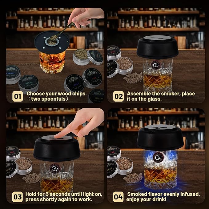 Electric Whiskey Smoker Kit with 6 LED Lights & Rechargeable Built-in Lighter, No Butane Needed, 6 Flavored Wood Chips for Old Fashioned Cocktail Smoker - for Father's Day Gifts for Men, Dad, Husband