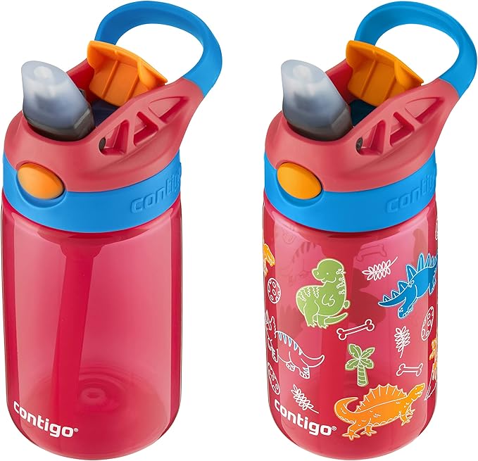 Contigo Aubrey Kids Water Bottle, 2-Pack, 14oz, Watermelon & Dinos, Spill-Proof Lid, Dishwasher Safe, BPA Free, Red and Blue
