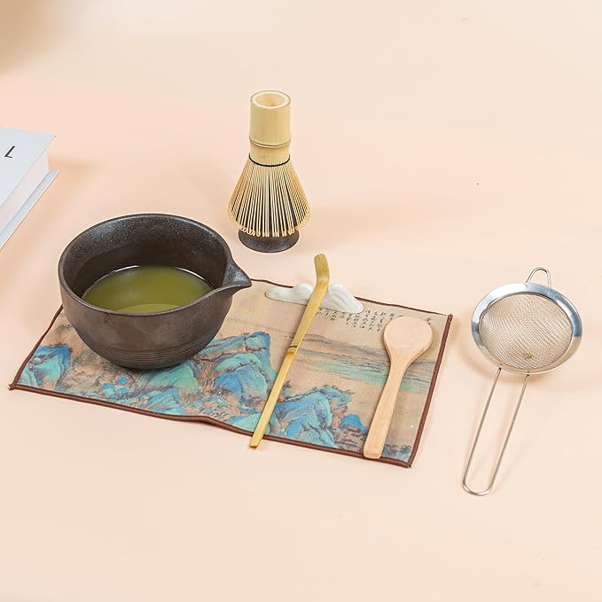 Matcha Set 7-Piece Tea Set with Brush, Bowl, Whisk, Strainer, Chasen, for Matcha Tea Ceremony (Black)
