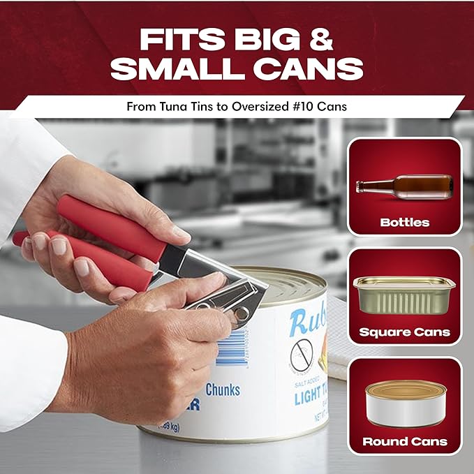 Chef-Master Commercial Can Opener, Multi-Purpose Can-Opener Manual, Easy Turn Anti-slip Grip Knobs, Sharp Cutting Discs, Manual Handheld With Soft Handle for Large Cans & Kitchen Use -90226