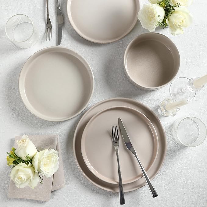 Stone Lain Haven Modern Stoneware 4 Piece Pasta Bowl Sets, Dish Set for 4, Reactive Glaze Beige
