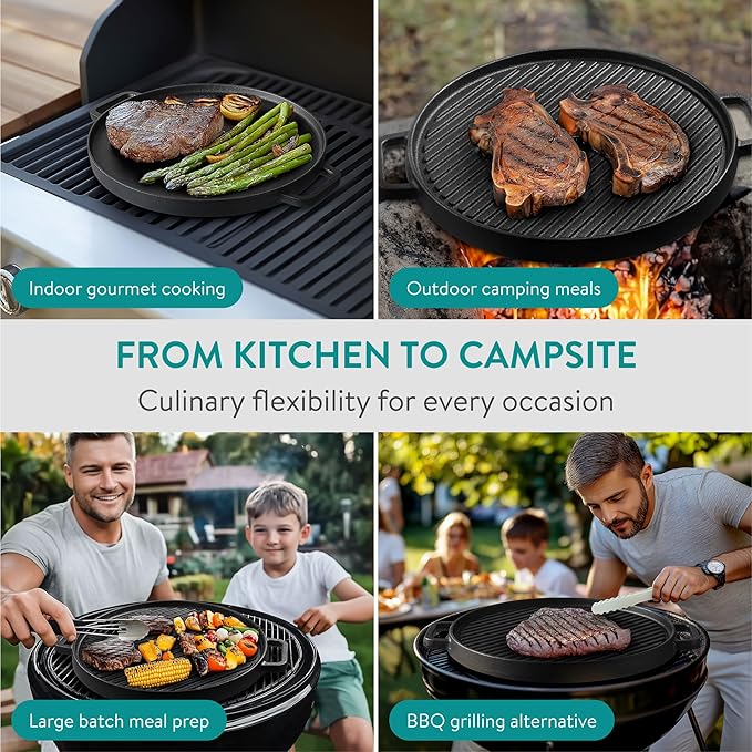 Navaris Double Sided Cast Iron Griddle Plate - BBQ Griddle Plate - Steak Pan or Pancake Griddle Pans - BBQ Hot Plate for BBQ Pan - Induction Griddle or Hot Plate for Gas Hob