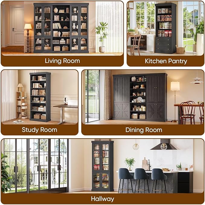 70.8" Tall Bookshelf with Doors, Farmhouse Modular Bookcase with 4-Tier Adjustable Shelves, Large Storage Cabinet for Home Office, Living Room, Black
