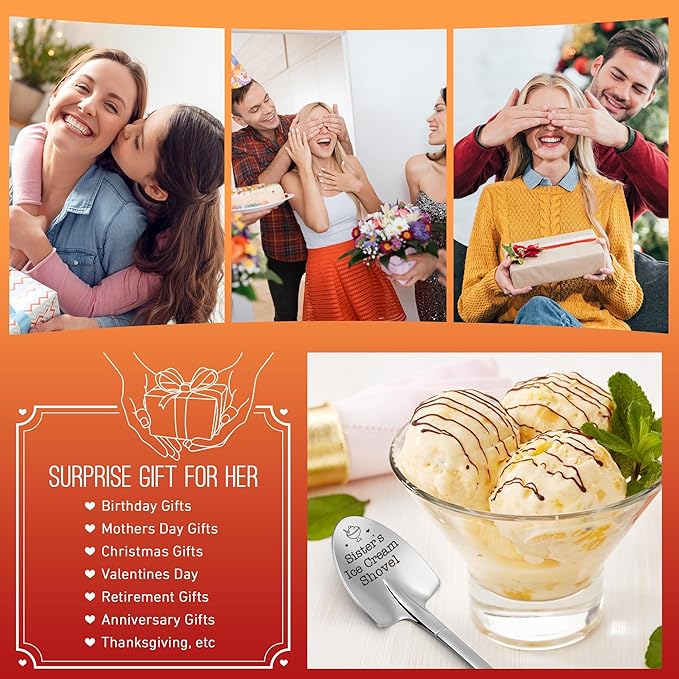 Funny Dads Ice Cream Shovel Gifts for Sister Mothers Day, Sisiter Birthday, Big Little Sister Best Sis Presents from Brother Sister Stainless Steel Spoon