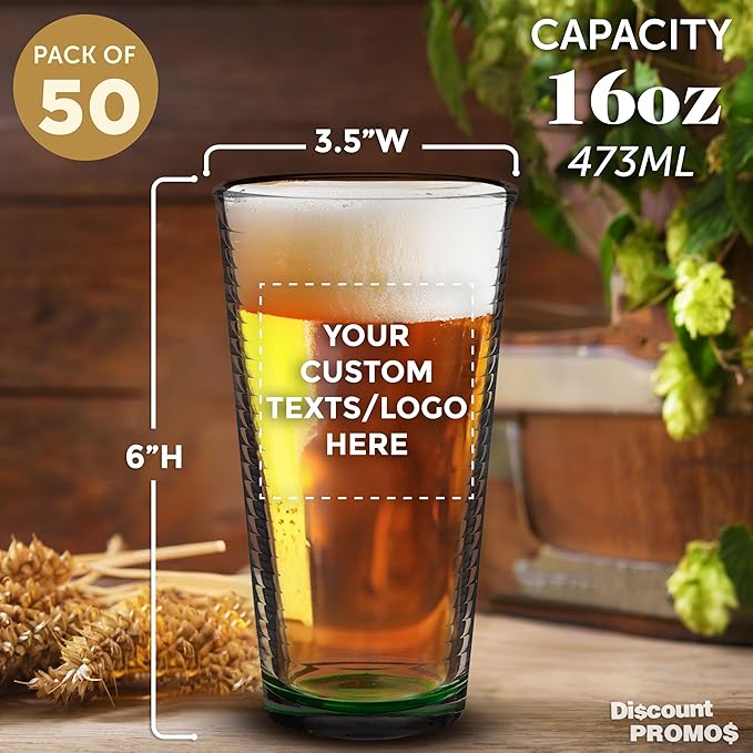 Custom Spiral Pint Glass 16 oz. Set of 50, Personalized Bulk Pack - Beer Glasses, Heavy Duty Drinkware - Green