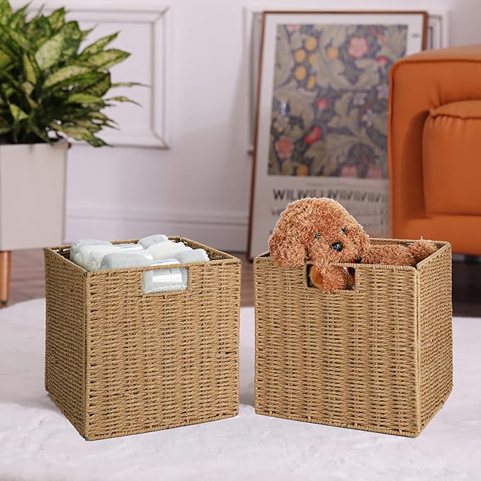 Vagusicc Wicker Storage Basket, Set of 2 Hand-Woven Storage Baskets for Shelves with Handles Foldable Cube Storage Baskets Bins, 9 inch Wicker Baskets for Pantry Bedroom Organizer &Decor, Natural