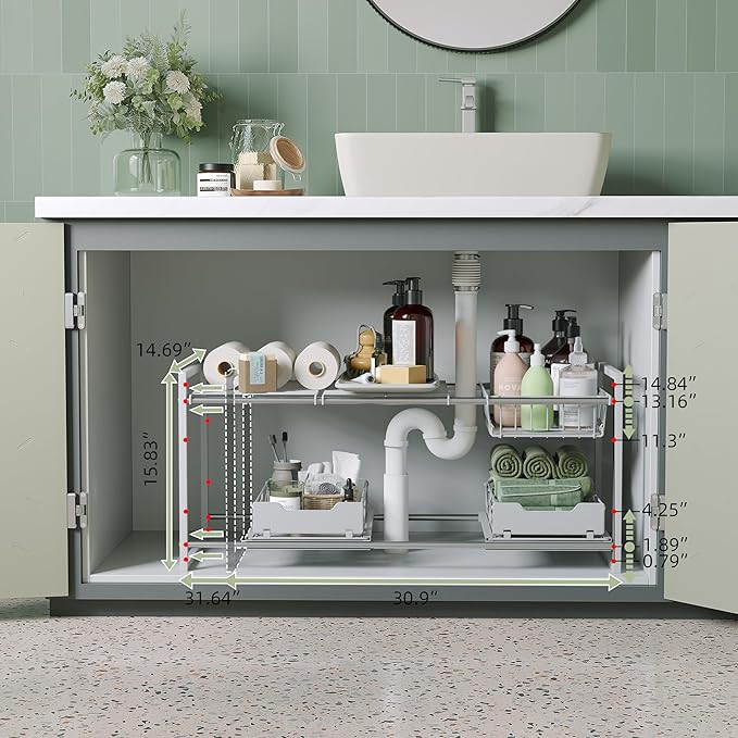 NETEL Under Sink Organizers and Storage,Kitchen Cabinet Organizer,2 Tier Under Sink Expandable Shelves，Bathroom Cabinet Organizer with Pull Out Drawers,(30.9-31.64)" W x 14.69" D x 15.83" H,White