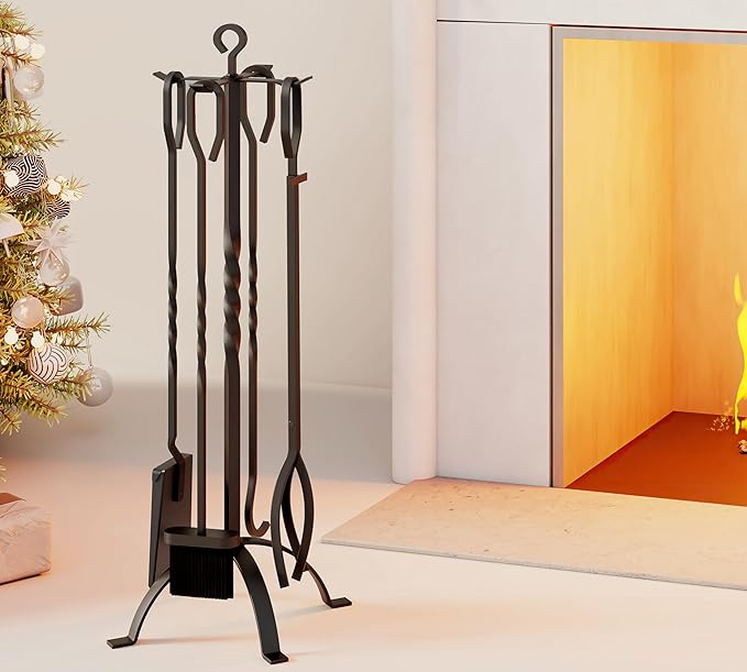 Fire Beauty 5 Pieces Fireplace Tools Sets Fireplace Accessories Tools Holder with Handles Tools for Indoor Fireplace Decor Outdoor Fire Pit Modern Tool(Sanded Black)