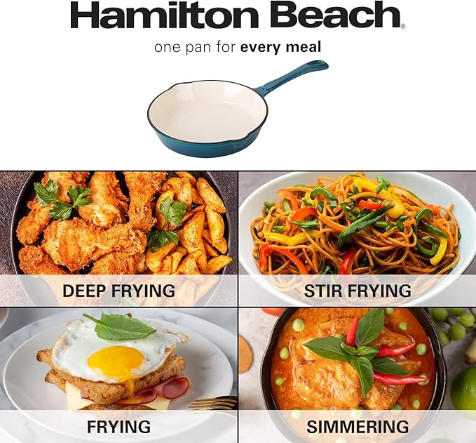 Hamilton Beach Enameled Cast Iron Fry Pan 8-Inch Navy, Cream Enamel Coating, Skillet Pan for Stove Top and Oven