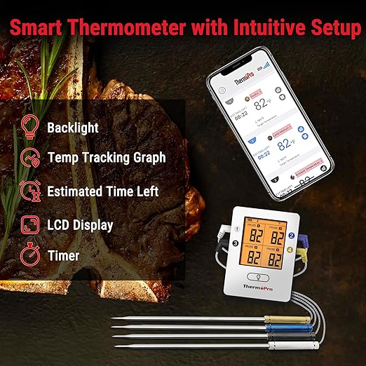 ThermoPro TP25 650FT Wireless Meat Thermometer with 4 Probes, Bluetooth Meat Thermometer for Cooking, BBQ Oven Food Smoker Thermometer Rechargeable
