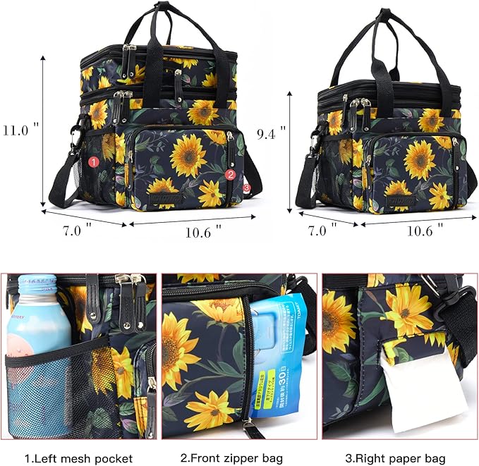 MOV COMPRA Lunch Bag for Women Men Double Deck Lunch Box,Expandable Large Lunch Bags,Leakproof Lunch Box Cooler Bag (Sunflower)