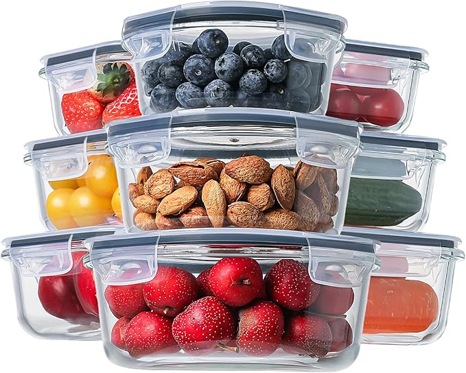 HOMBERKING Glass Food Storage Containers with Lids, [18 Piece] Glass Meal Prep Containers, Airtight Lunch Bento Boxes, BPA-Free & Leak Proof (9 lids & 9 Containers) - Grey