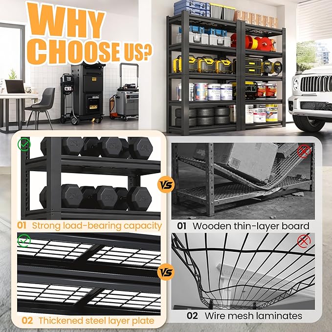 Heavy Duty Garage Shelving, Metal Storage Shelves, 5 Tier Adjustable Storage Shelves, Metel Shelving, Industrial Utility Rack for Garage, Warehouse, Workshop, 72" H×35" W×16" D
