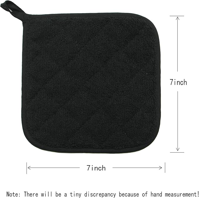 Cotton Pot Holders Cotton Made Machine Washable Heat Resistant Everyday Kitchen Basic Terry Pot Holder, Hot Pads, Trivet for Cooking and Baking Set of 4 (Black)