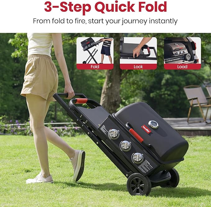 3-Burner Portable Gas Grill with 30,000 BTU, 320 SQ.IN Detachable Propane Grills, Non-Stick Porcelain Grate, Built-in Thermometer, Quick-Fold Design for Camping, Tailgating & Outdoor BBQ
