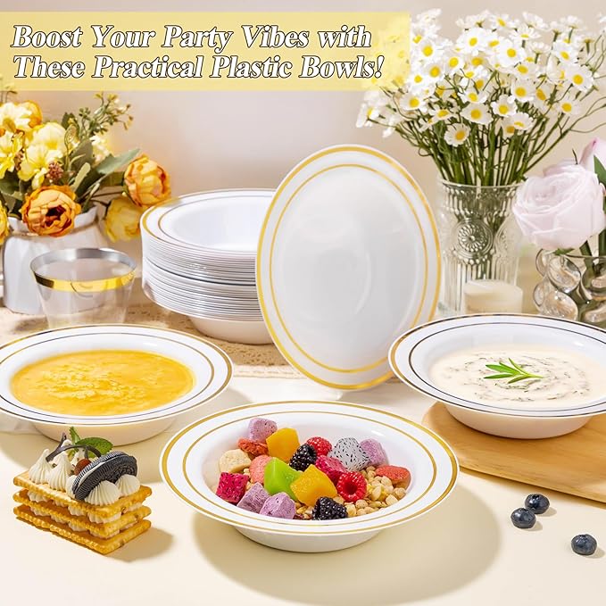 200 Pack Disposable Soup Bowls with Gold Rim, 12oz Premium Heavy Duty Plastic Dinner Bowls for Party, Wedding and Holiday