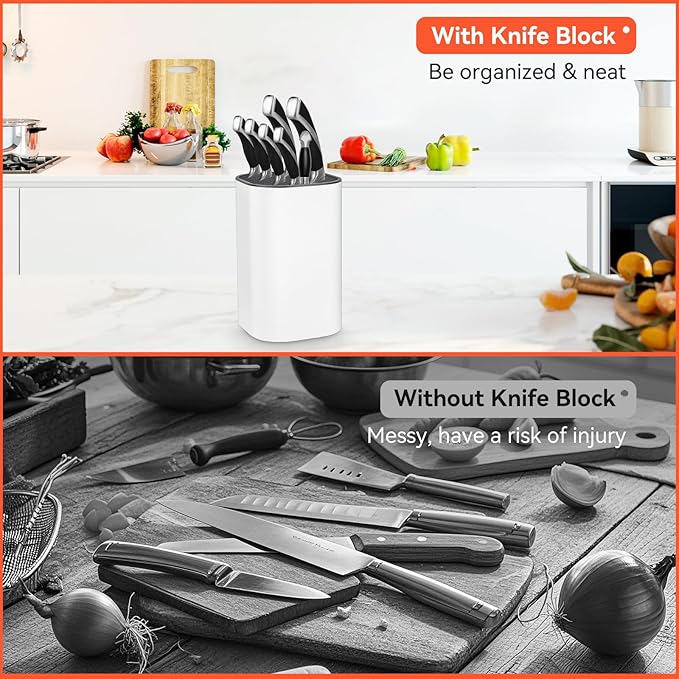 Fohil Knife Block without Knives, Universal Knife Block, Detachable Knife Holder, Space Saver Knife Storage Holder with Scissors Slot, Sharpening Bar Slot, Kitchen Knife Holder White