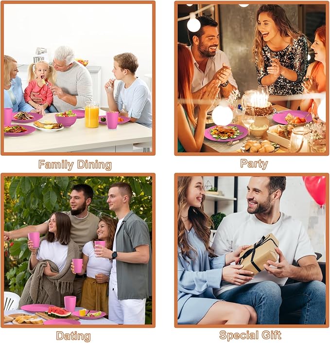 Wheat Straw Dinnerware Set 40 PCS | Service for 8 | Unbreakable Plates and Bowls Sets Plastic Reusable Dishes Sets Dinner Plates, Cereal Bowls, Water Cups Kitchen Set for Home RV- Pink