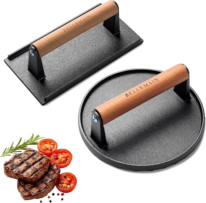 Bellemain Heavy-Duty Cast Iron Grill Press Set – Perfect Smash Burger Press & Steak Tool with Ergonomic Wood Handle for Pro-Level Searing on Griddle, Skillet, or BBQ