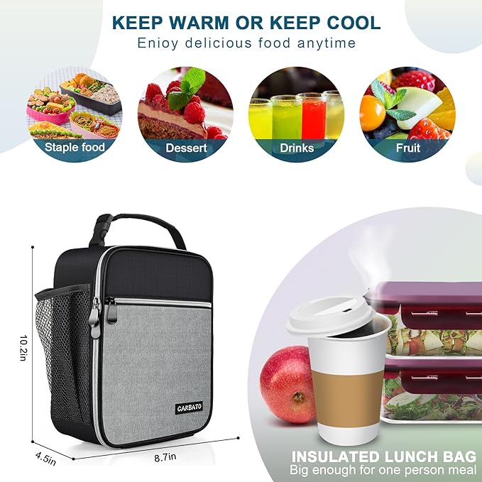 Lunch Bag, Durable Insulated Lunch Box Reusable Adults Tote Bag Lunch Box Durable Reusable for Adults (Black-Light Gray)